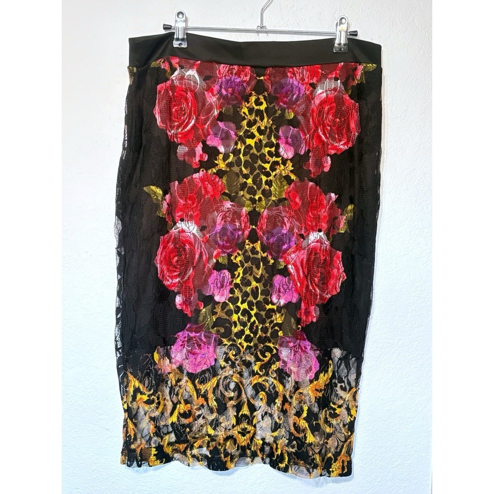 Y2K Vintage VENUS floral Roses Cheetah Leopard Print lace fitted Wiggle skirt L
